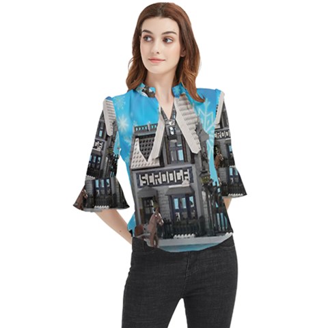 Winter Village Snow Brick Buildings Loose Horn Sleeve Chiffon Blouse by artworkshop