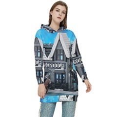 Winter Village Snow Brick Buildings Women s Long Oversized Pullover Hoodie by artworkshop