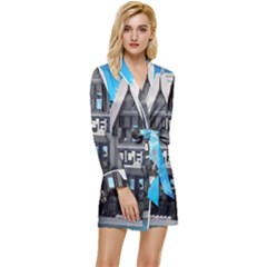 Winter Village Snow Brick Buildings Long Sleeve Satin Robe by artworkshop