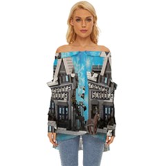 Winter Village Snow Brick Buildings Off Shoulder Chiffon Pocket Shirt by artworkshop