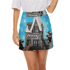 Winter Village Snow Brick Buildings Mini Front Wrap Skirt by artworkshop