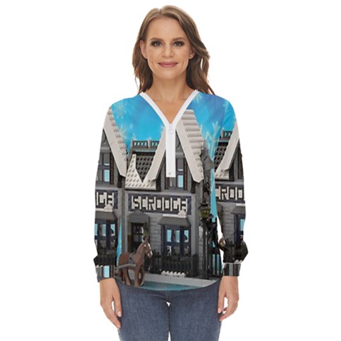 Winter Village Snow Brick Buildings Zip Up Long Sleeve Blouse by artworkshop