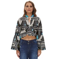 Winter Village Snow Brick Buildings Boho Long Bell Sleeve Top by artworkshop