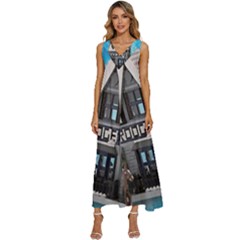 Winter Village Snow Brick Buildings V-neck Sleeveless Babydoll Dress by artworkshop