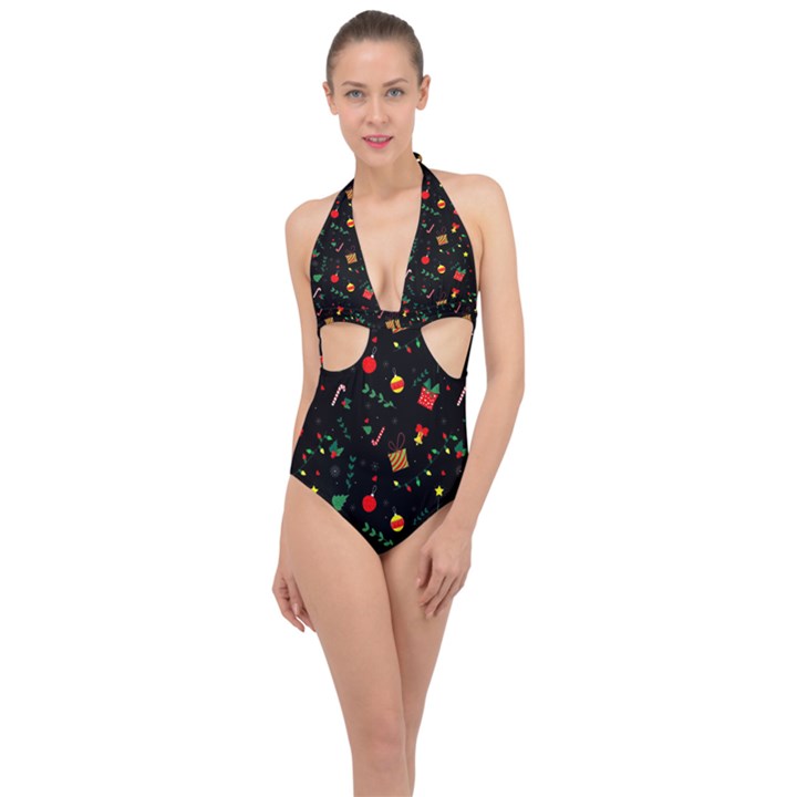 Christmas Pattern Texture Colorful Wallpaper Halter Front Plunge Swimsuit