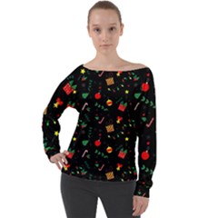 Christmas Pattern Texture Colorful Wallpaper Off Shoulder Long Sleeve Velour Top