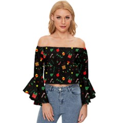 Christmas Pattern Texture Colorful Wallpaper Off Shoulder Flutter Bell Sleeve Top by Ravend