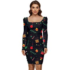 Christmas Pattern Texture Colorful Wallpaper Women Long Sleeve Ruched Stretch Jersey Dress by Ravend