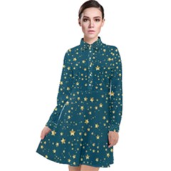 Star Golden Pattern Christmas Design White Gold Long Sleeve Chiffon Shirt Dress by Ravend