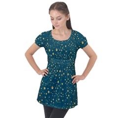 Star Golden Pattern Christmas Design White Gold Puff Sleeve Tunic Top by Ravend