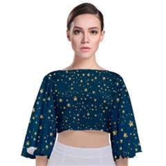 Star Golden Pattern Christmas Design White Gold Tie Back Butterfly Sleeve Chiffon Top by Ravend