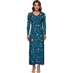 Star Golden Pattern Christmas Design White Gold Long Sleeve Velour Longline Maxi Dress by Ravend