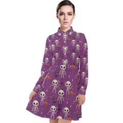 Background Halloween Pattern Pumpkin Skeleton Bat Long Sleeve Chiffon Shirt Dress by Ravend