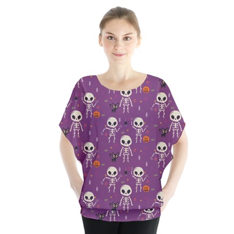 Background Halloween Pattern Pumpkin Skeleton Bat Batwing Chiffon Blouse by Ravend