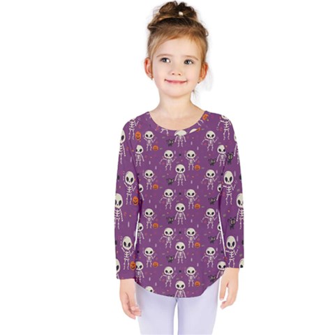 Background Halloween Pattern Pumpkin Skeleton Bat Kids  Long Sleeve Tee by Ravend