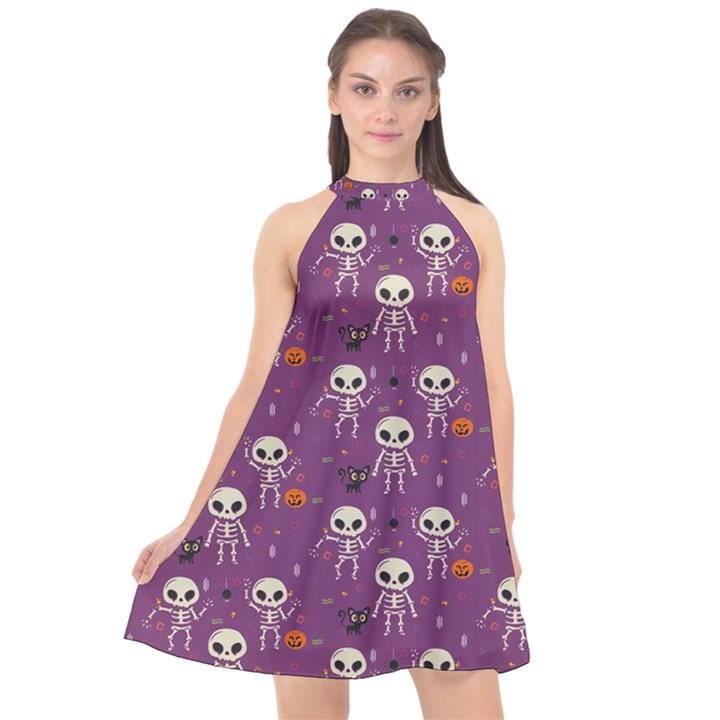 Background Halloween Pattern Pumpkin Skeleton Bat Halter Neckline Chiffon Dress 