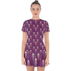 Background Halloween Pattern Pumpkin Skeleton Bat Drop Hem Mini Chiffon Dress by Ravend