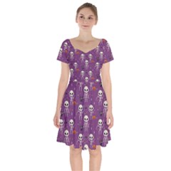 Background Halloween Pattern Pumpkin Skeleton Bat Short Sleeve Bardot Dress by Ravend