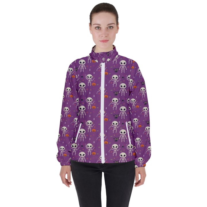 Background Halloween Pattern Pumpkin Skeleton Bat Women s High Neck Windbreaker