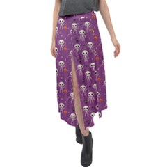 Background Halloween Pattern Pumpkin Skeleton Bat Velour Split Maxi Skirt by Ravend