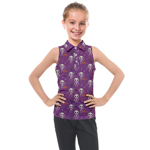 Background Halloween Pattern Pumpkin Skeleton Bat Kids  Sleeveless Polo Tee by Ravend