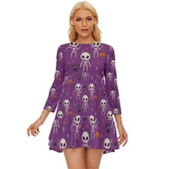 Background Halloween Pattern Pumpkin Skeleton Bat Long Sleeve Babydoll Dress by Ravend