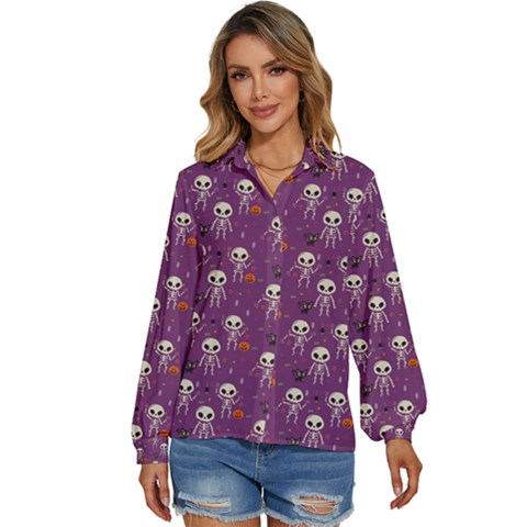 Background Halloween Pattern Pumpkin Skeleton Bat Women s Long Sleeve Button Down Shirt by Ravend