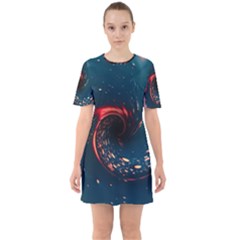 Fluid Swirl Spiral Twist Liquid Abstract Pattern Sixties Short Sleeve Mini Dress by Ravend