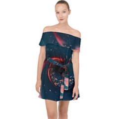 Fluid Swirl Spiral Twist Liquid Abstract Pattern Off Shoulder Chiffon Dress by Ravend