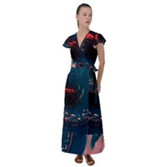 Fluid Swirl Spiral Twist Liquid Abstract Pattern Flutter Sleeve Maxi Dress by Ravend