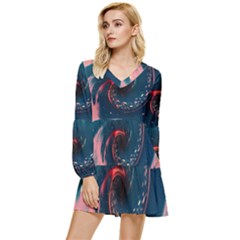 Fluid Swirl Spiral Twist Liquid Abstract Pattern Tiered Long Sleeve Mini Dress by Ravend