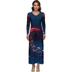 Fluid Swirl Spiral Twist Liquid Abstract Pattern Long Sleeve Velour Longline Maxi Dress by Ravend