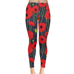 Background Poppies Flowers Seamless Ornamental Leggings  by Ravend