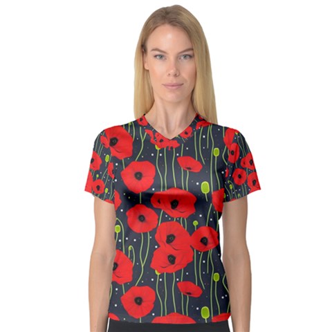 Background Poppies Flowers Seamless Ornamental V-neck Sport Mesh Tee by Ravend