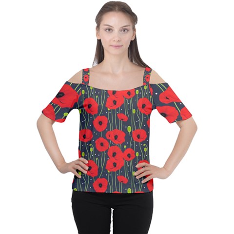 Background Poppies Flowers Seamless Ornamental Cutout Shoulder Tee by Ravend