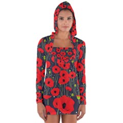 Background Poppies Flowers Seamless Ornamental Long Sleeve Hooded T-shirt by Ravend