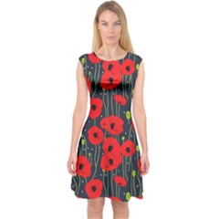 Background Poppies Flowers Seamless Ornamental Capsleeve Midi Dress by Ravend