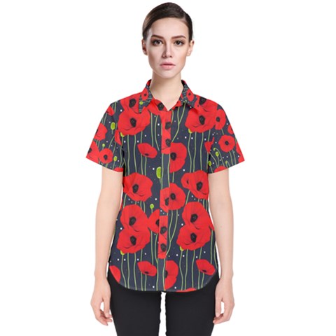 Background Poppies Flowers Seamless Ornamental Women s Short Sleeve Shirt by Ravend