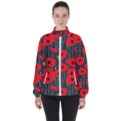 Background Poppies Flowers Seamless Ornamental Women s High Neck Windbreaker by Ravend