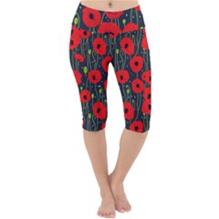 Background Poppies Flowers Seamless Ornamental Lightweight Velour Cropped Yoga Leggings by Ravend