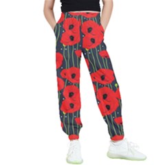 Background Poppies Flowers Seamless Ornamental Kids  Elastic Waist Pants by Ravend