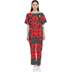 Background Poppies Flowers Seamless Ornamental Batwing Lightweight Chiffon Jumpsuit by Ravend