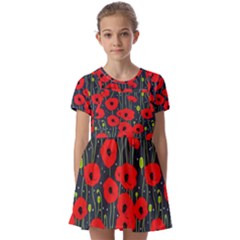 Background Poppies Flowers Seamless Ornamental Kids  Short Sleeve Pinafore Style Dress