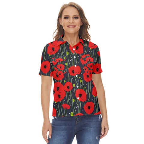 Background Poppies Flowers Seamless Ornamental Women s Short Sleeve Double Pocket Shirt by Ravend