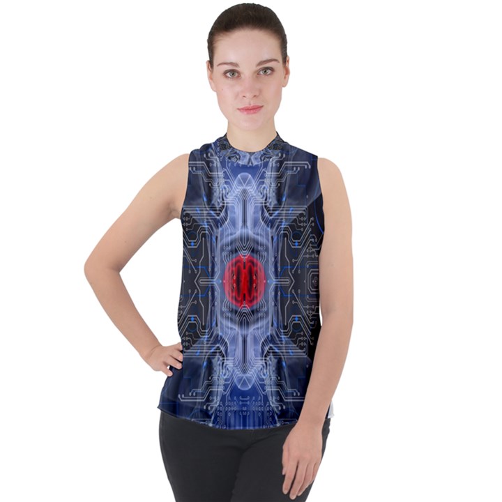 Art Robot Artificial Intelligence Technology Mock Neck Chiffon Sleeveless Top