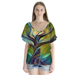 Tree Magical Colorful Abstract Metaphysical V-neck Flutter Sleeve Top by Ravend