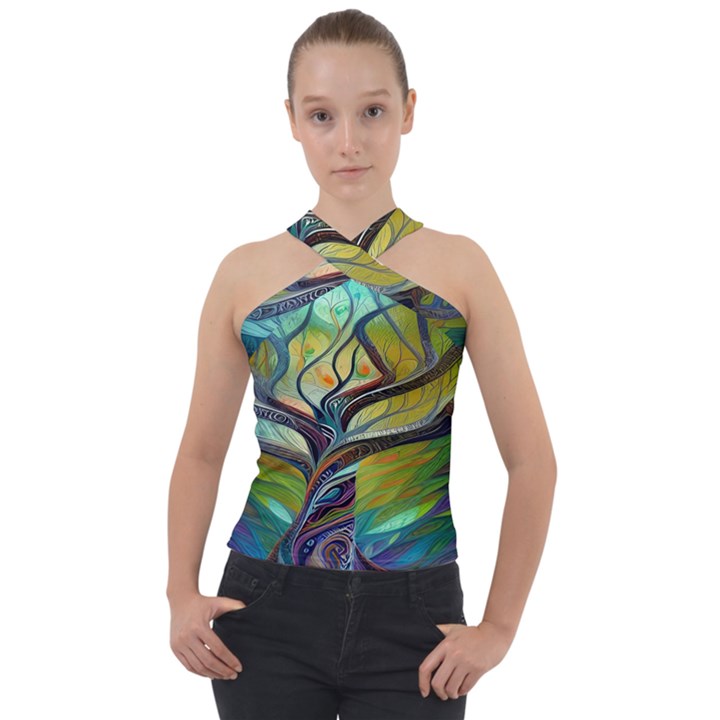 Tree Magical Colorful Abstract Metaphysical Cross Neck Velour Top