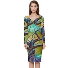 Tree Magical Colorful Abstract Metaphysical Long Sleeve V-neck Bodycon Dress  by Ravend