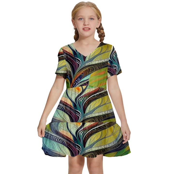 Tree Magical Colorful Abstract Metaphysical Kids  Short Sleeve Tiered Mini Dress