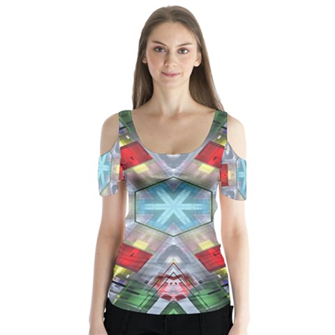 Geometric Symmetrical Symmetry Data Futuristic Butterfly Sleeve Cutout Tee  by Ravend